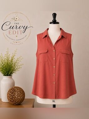 Speed Limit MPH Sleeveless Button Front Blouse | 1X | Rust | Utility Pocket Top